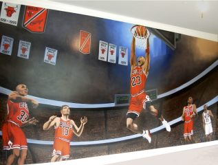 Michael  Jordon Painting Mural Bulls Basketball Sports Wall Mural by Vancouver Artist / Muralist Kim Hunter / Indigo Cool  Original Realism Wall Mural Michael Jordon Portrait / Painting Wall Mural Basketball Painting Kid's Room Mural 