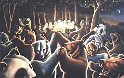 dancing bears painting by indigo Original Dancing Bears painting, Panda, Polar,  Kermode, Grizzly bear, Political Oximoron Symbolism Large Oil Painting by Canadian artist indigo / Kim Hunter wildlife painting Canadian Artist Kim Hunter / Indigo Commissioned paintings welcome!