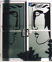 Murals Vancouver ,Window Display, Greek Mythology  mural, etched window Vancouver BC Doors of Diavlo's Restaurant on Richards St. in Vancouver BC