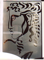 Murals Vancouver Window Display, Greek Mythology murals , etched window Diavlo's Vancouver BC Artist INDIGO Kim Hunter aka INDIGO