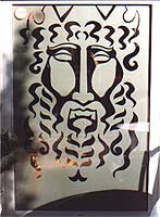 Murals Vancouver ,Window Display, Greek Mythology , etched window Diavlo's Vancouver BC Artist INDIGO Kim Hunter aka INDIGO