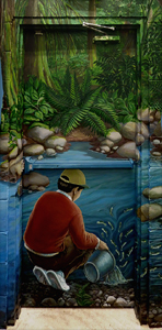 Hyde Creek Educational Centre and Salmon Hatchery murals depicting the Classroom Salmon Enhancement Program, the Annual Salmon Release. The stair landscape mural depicts the route the Chum Salmon will take to get to the ocean. 