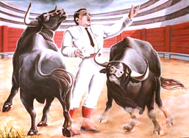 original painted portrait from photos bull fight painting "Commanding the Beast" Jose Carrera with bulls Oil on Canvas Commissioned portrait Painting Artist  INDIGO aka KIM HUNTER 
