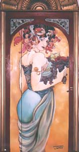 mural "Mucha" Mural on door at Franchesco's Restaurant  on Burrard St. Vancouver BC Mucha Painting Another CREATIVE ENDEAVOR by Canadian artist Kim Hunter aka INDIGO Click on image for detail