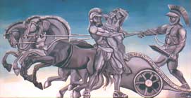 Mural on Stucco Greek RestaurantThompson MB by artist Kim Hunter aka INDIGO Vancouver BC