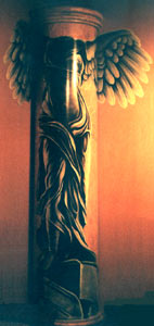 Custom Murals Vancouver BC Canada Winged Victory Painting / Mural Vancouver Restaurant Mural muralist Vancouver BC Winged Victory Mural sculpture  Louve Paris. Oil on Fiberglass Piller original mural at Diavlo's Restaurant in Vancouver BC by Canadian artist Kim Hunter aka INDIGO Vancouver BC