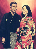 Custom painted wedding portrait on canvas from photograph. Painting in watercolour of  bride & groom in Japanese attire. Custom  painted & sketched portaits Avaliable.