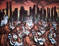 Original Tiger's in New York painting at Diavlo's Restaurant Vancouver BC by Artist Indigo / Kim Hunter, tiger painting Tigers running through New York w Twin Towers Landscape painting Political Oximoron Symbolism Large Oil Painting Click on Image for Detail 
