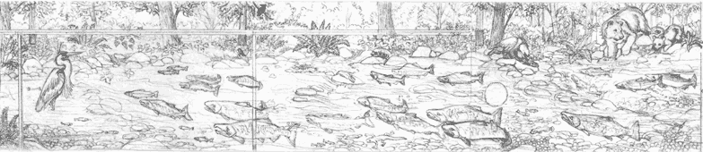 wildlife sketch for mural salmon, wildlife & west coast landscape sketch / drawing composition for 50 foot mural