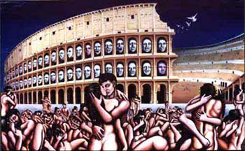 nude figures orgy / colliseum painting in oil on canvas Comissioned Figurative, Orgy Painting, Diavlo's, restaurant, Nudes, Political, Oximoron, Symbolism, Oil, Painting, Mural, Installation, Restaurant, Click on Image for Detail 