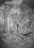 nudes in pencil Sketch Conceptual nude figures illustration for a painting 1998 pencil drawing  by contemporary Canadian Artist INDIGO aka Kim Hunter minitaur, demon, satyre, cupid, angels, wisdom, landscape, figurative,