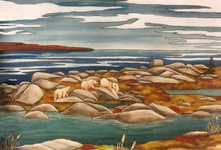 POLAR BEAR PAINTING LANDSCAPE painting Churchill tundra landscape Mother Polar Bear with two Cubs on the Autumn Tundra painting Churchill MB  Original Painting Click on Image for Detail