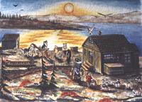 Churchill MB  the flats painting Inuit Child with Mother feeding Husky Sled Team in Autumn Sunset on the Churchill River Original Painting Click on Image for Detail
