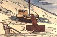 painting Husky dog and Boat in winter down by the bay Churchill MB Original Painting Click on Image for Detail