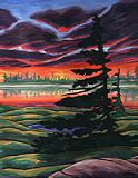 arctic landscape painting Churchill MB One sided Tree Arctic Landscape at Sunset Painting  by artist INDIGO For Sale wildlife painting by Canadian Artist Kim Hunter / Indigo Commissioned paintings welcome! 
