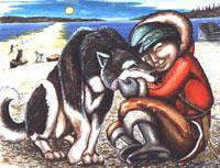 painting Inuit Child with Husky Sled Team in Autumn Sunset on the Churchill River . The flats Original Painting Click on Image for Detail