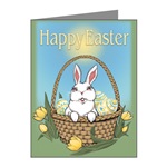 Easter Bunny Cards Note / Gift Cards Easter Bunny art & design by Canadian Artist Kim Hunter. Easter Bunny with basket, Tulips & Easter Eggs Gifts Design for Gifts & T-shirts for Home & Office, Men, Women, Boys & Girls & Baby