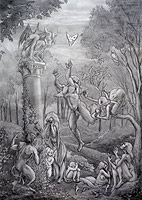 Pencil Sketch Conceptual illustration for a painting pencil drawing  by contemporary Canadian Artist INDIGO aka Kim Hunter minitaur, demon, satyre, cupid, angels, wisdom, landscape, figurative