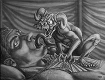 Horror story drawing soldier & demon Pencil Sketches / Drawings / Illustration ? Ink Drawings & Original Art by Vancouver BC Artist Kim Hunter a.k.a.INDIGO CREATIVE ENDEAVOURS