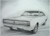 Vintage Car Sketch 67 Charger pencil portrait from photo.Car Portrait pencil portrait by Canadian Vancouver based artist / designer Kim Hunter / Indigo.