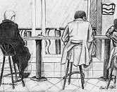 pencil, Sketch, graphite, drawing, cafe, sketch,  in, winter, seated, at a, cafe, sketch, graphite sketch on paper, drawing on paper. by artist Indigo / Kim Hunter